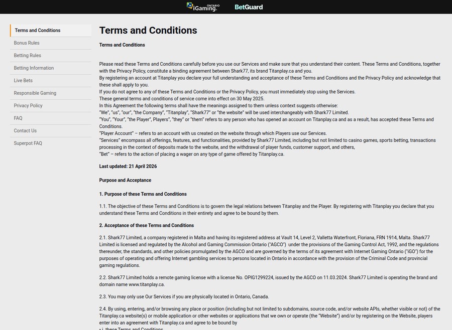 Titan Play Ontario terms and conditions page showing Shark77 Limited, AGCO registration OPIG1299224 and the iGaming Ontario and BetGuard seals