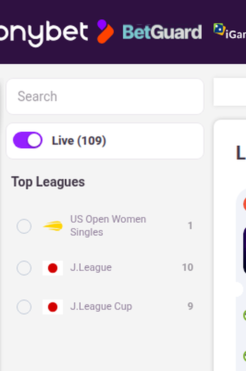 TonyBet's Ontario live counter reading 109 events, with the Japanese J.League and J.League Cup as the top live leagues.