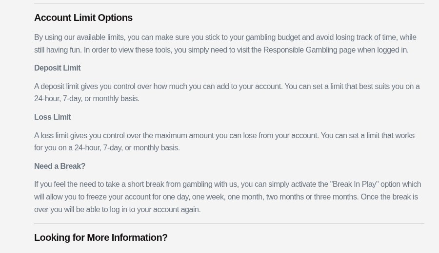 ToonieBet Ontario responsible gambling page describing deposit limits, loss limits and the Break In Play option