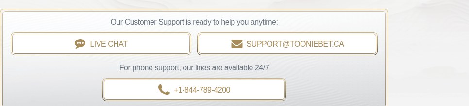 ToonieBet Ontario help centre showing live chat, a support email address and a published telephone number