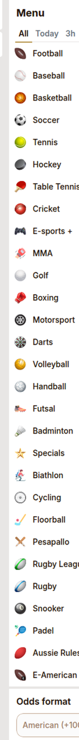 The ToonieBet Ontario sports menu listing 28 sports from football to e-American football.